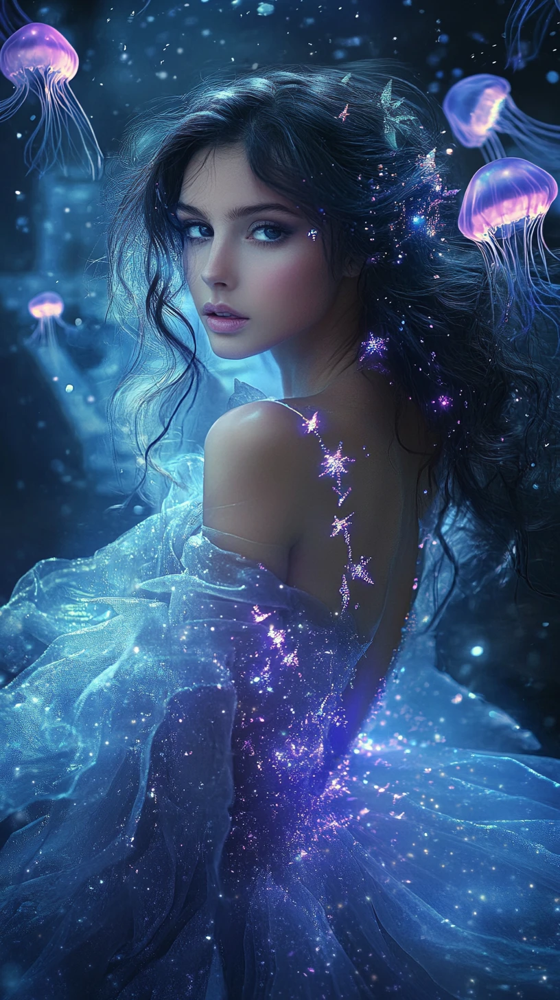 Ethereal girl in glowing gown among underwater ruins