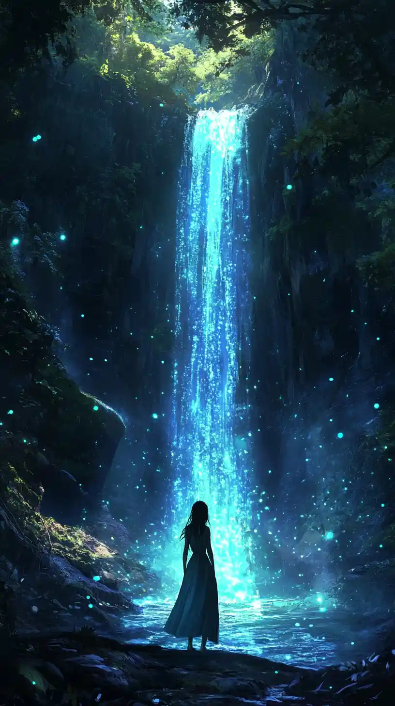 Woman gazing at mystical waterfall in dark enchanted forest