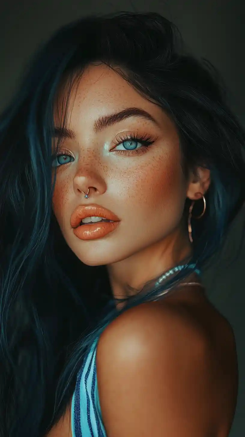 Alluring anime woman with blue hair and jewelry