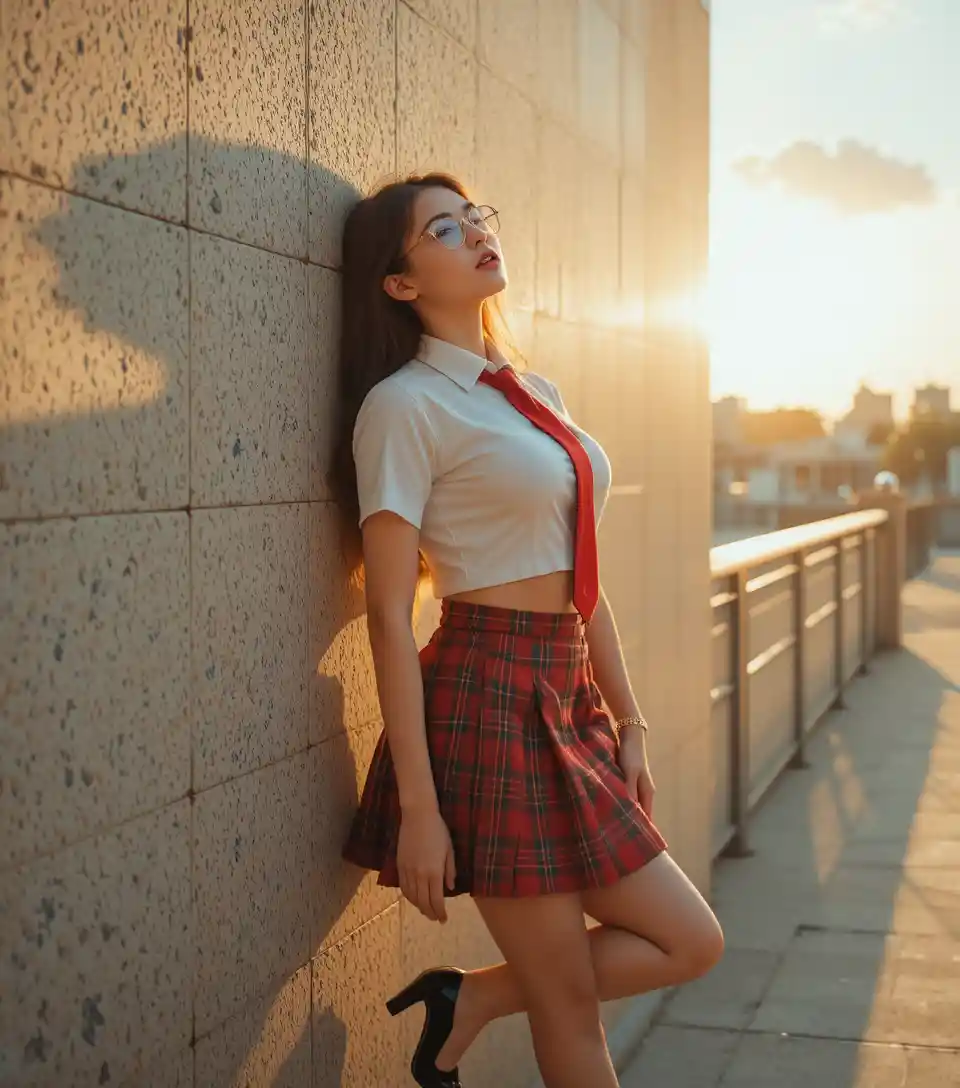 Young woman in schoolgirl outfit at sunset city terrace