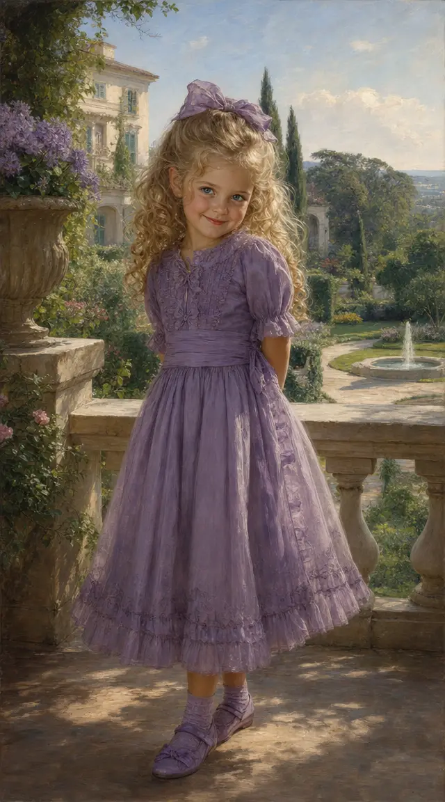 Little girl on a villa terrace in soft morning light
