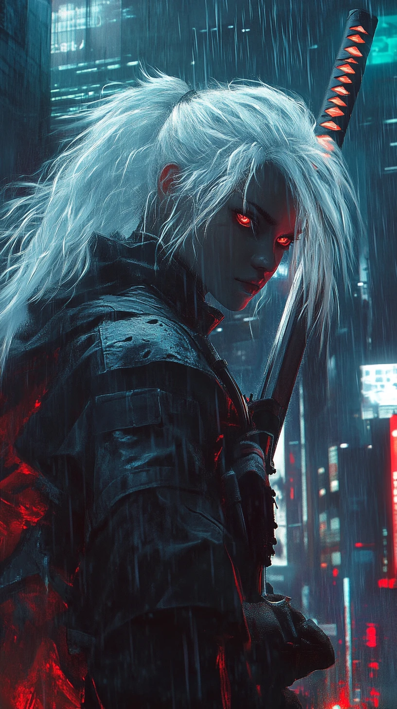 Cyberpunk warrior woman with glowing katana in rain