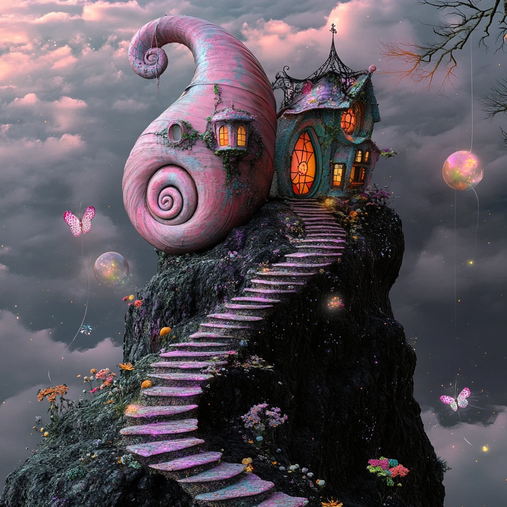 Whimsical Snail Shell House On Sparkling Obsidian Cliff
