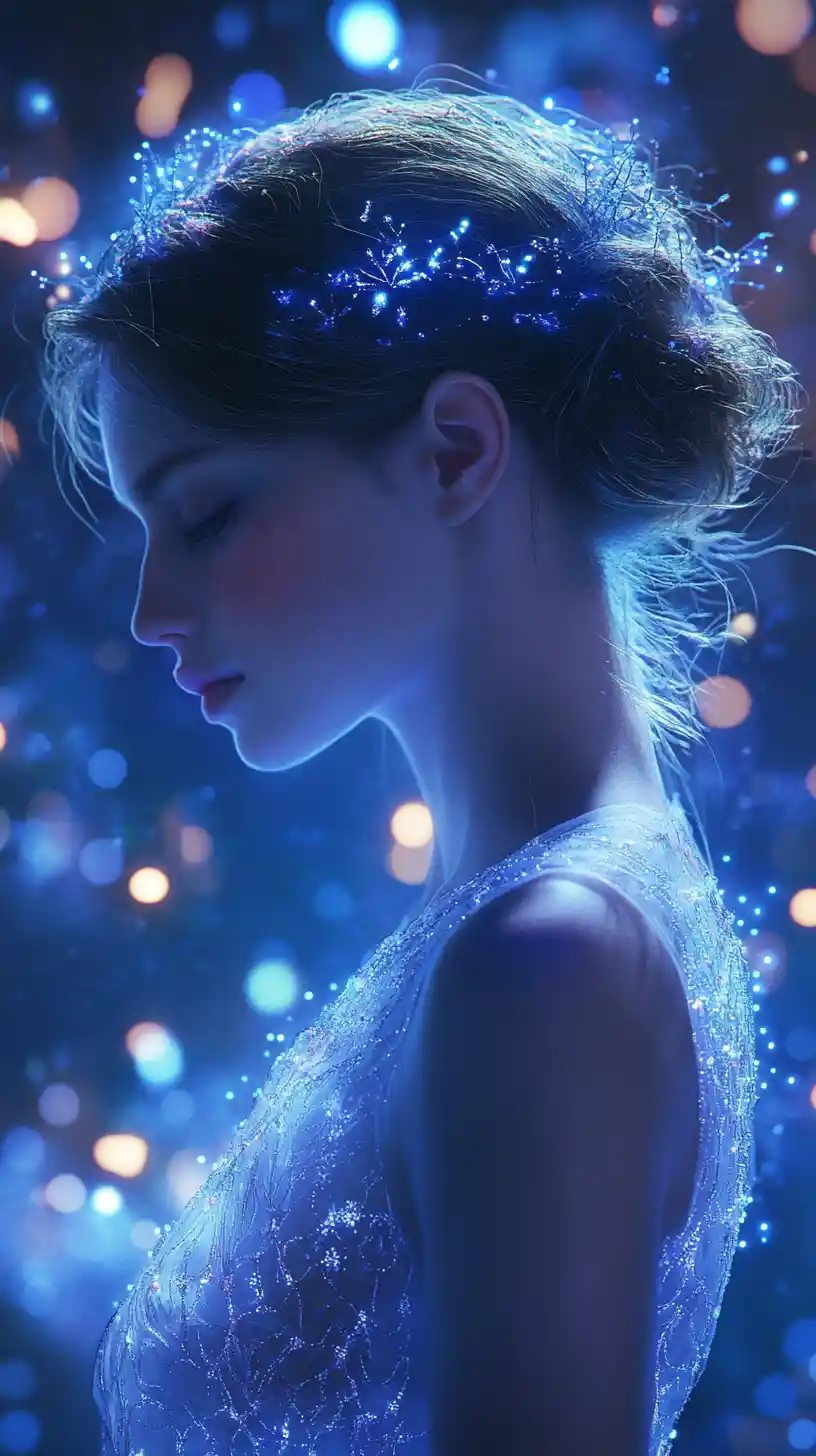 Ethereal woman in glowing cosmic dress and starlit hair