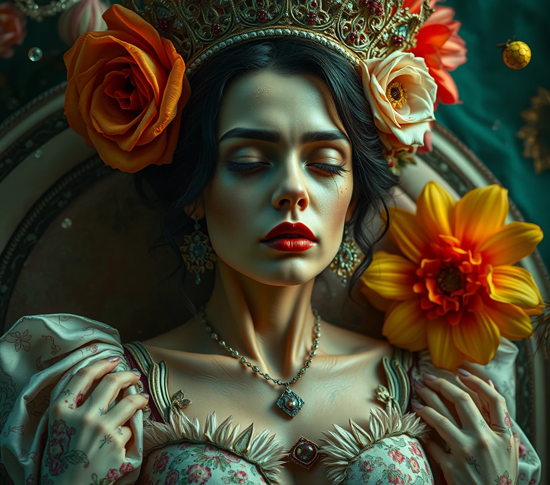 Melancholic flower queen in a surreal comic horror scene