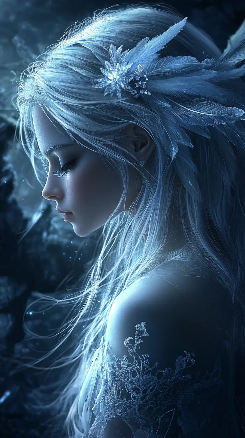 Melancholic angel in a dark ethereal forest portrait
