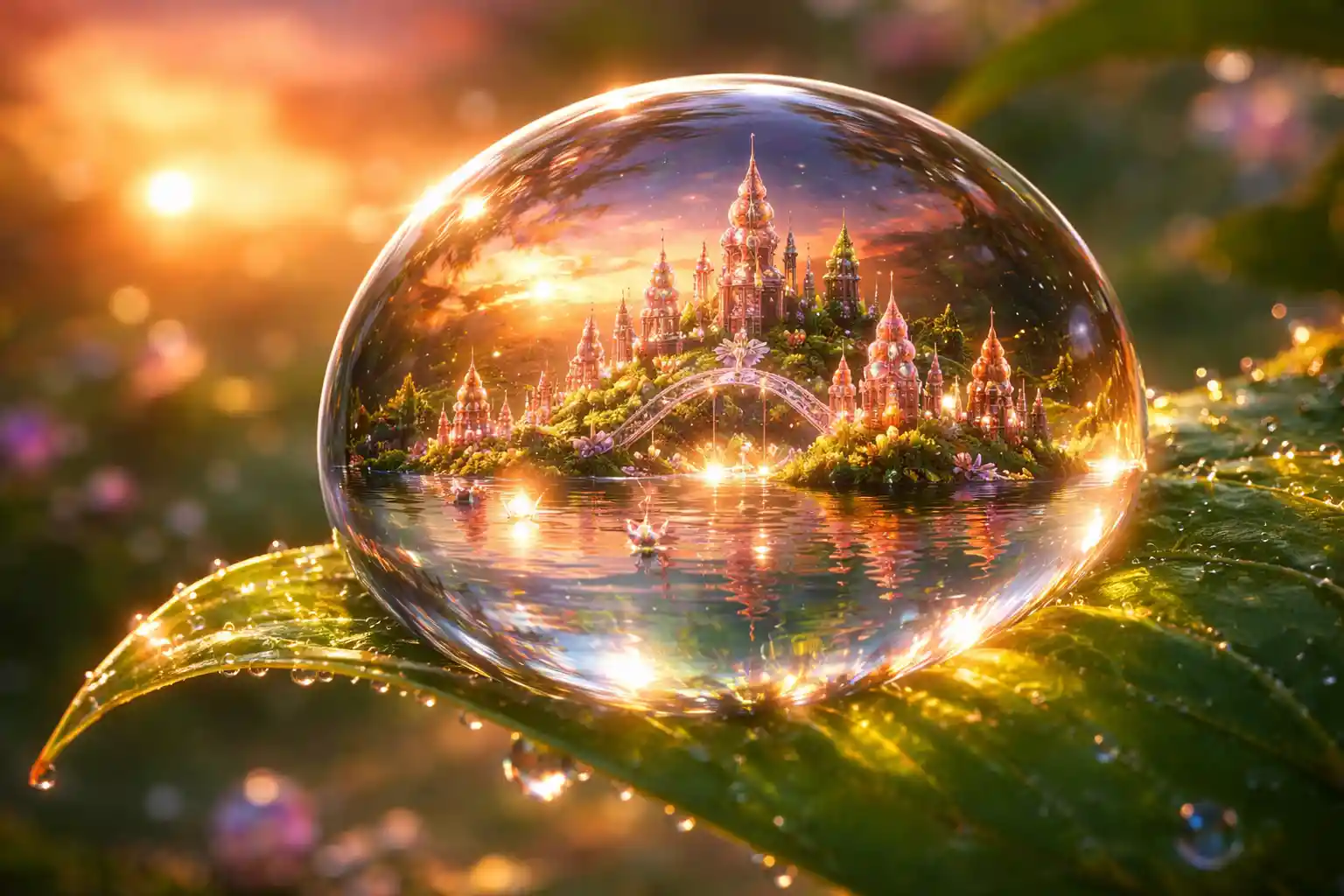 Miniatura di città surreale che fluttua su una goccia di rugiada luminosa