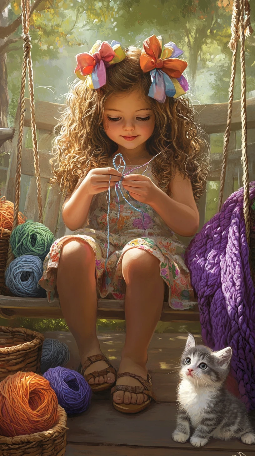 Young girl knitting on a wooden swing with kitten nearby