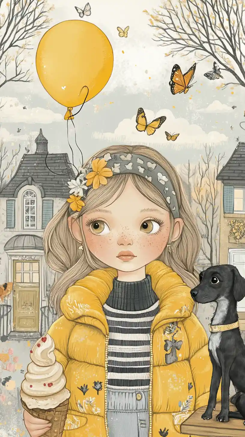 Girl with ice cream and dachshund in yellow coats