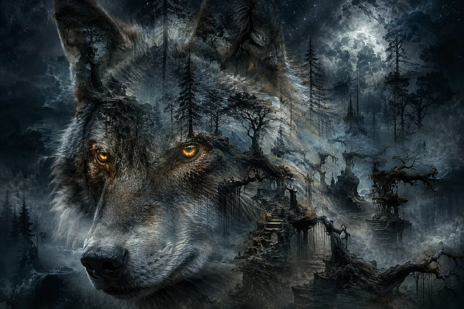 Primer plano surrealista de un lobo en un bosque de pinos brumoso a la luz de la luna