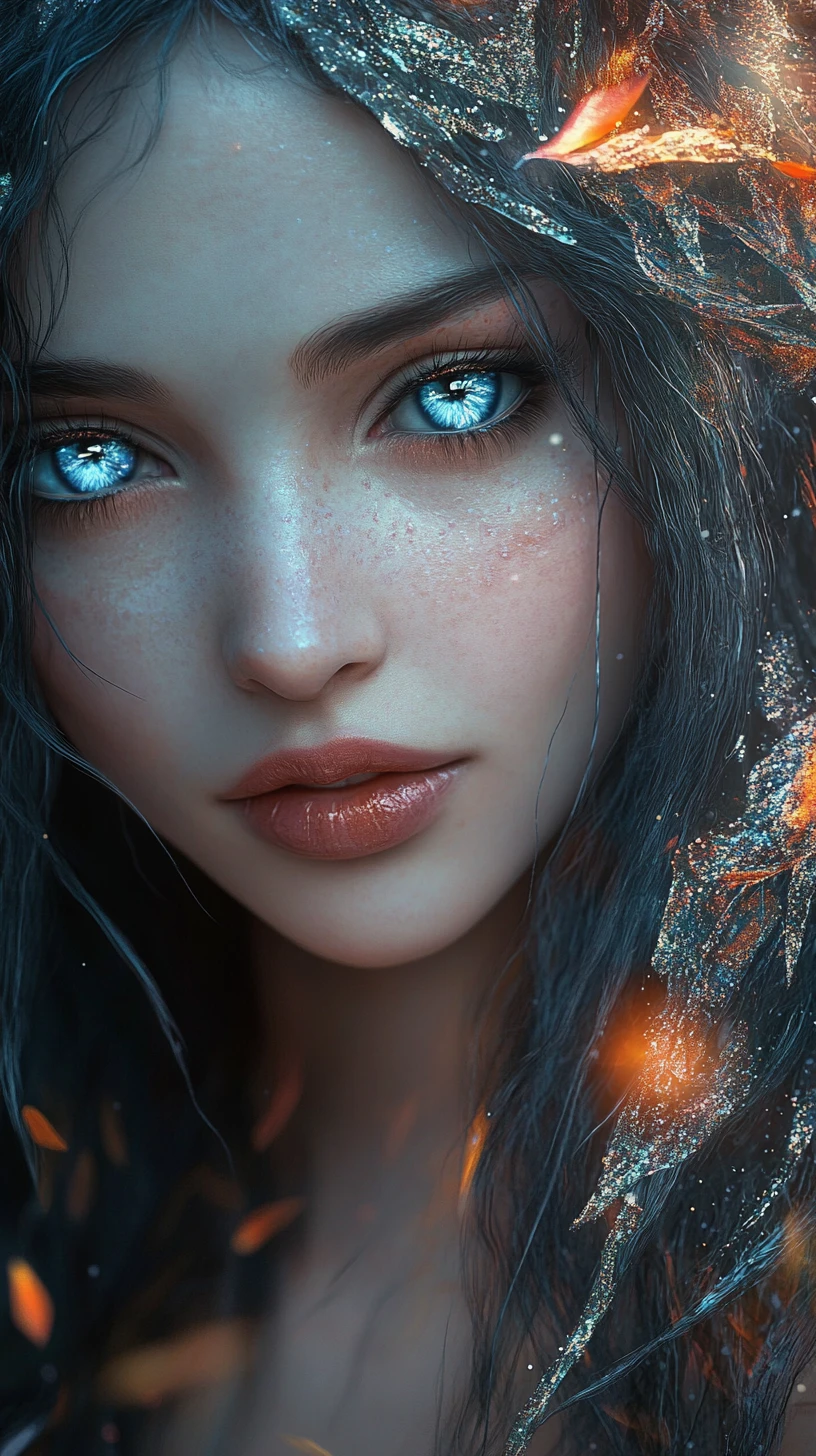 Ethereal fairy woman with glowing blue eyes and icy wings