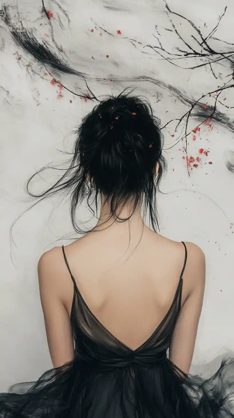 Woman in black slip dress against abstract ink backdrop