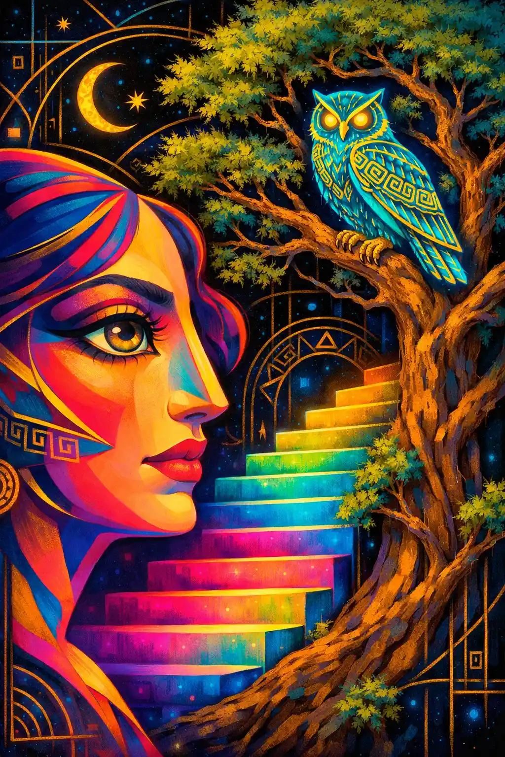 Surreal Woman Portrait With Neon Owl And Rainbow Stairs
