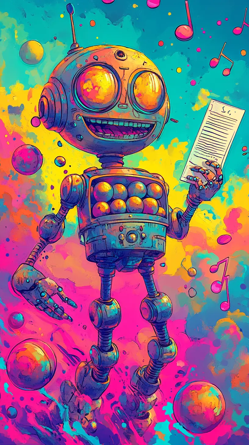 Playful cartoon robot with trophy and floating music notes