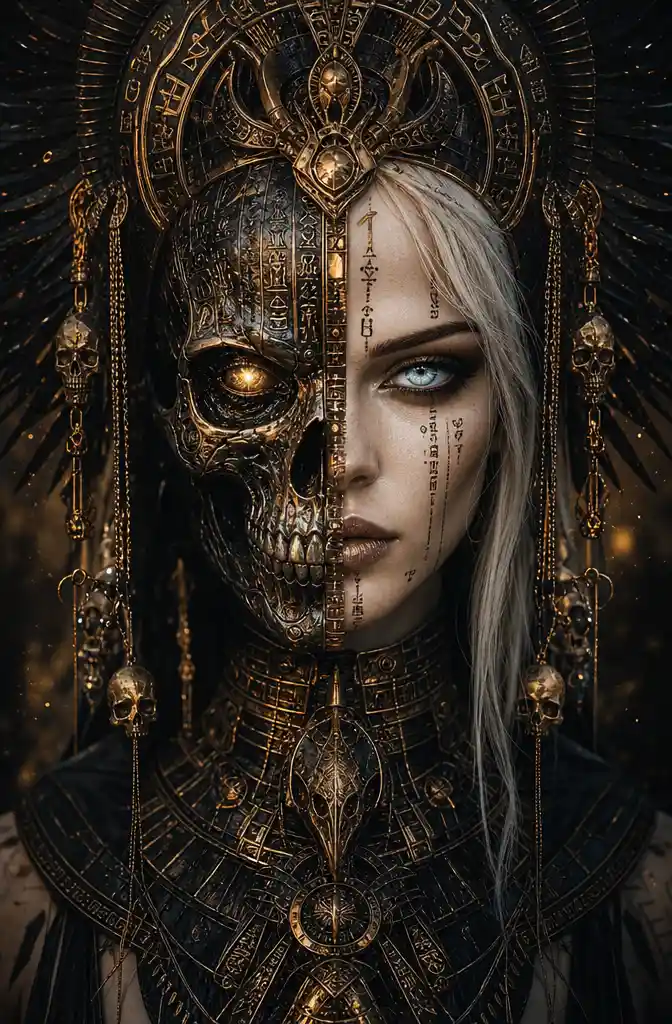 Dark fantasy high priestess with split skeletal face