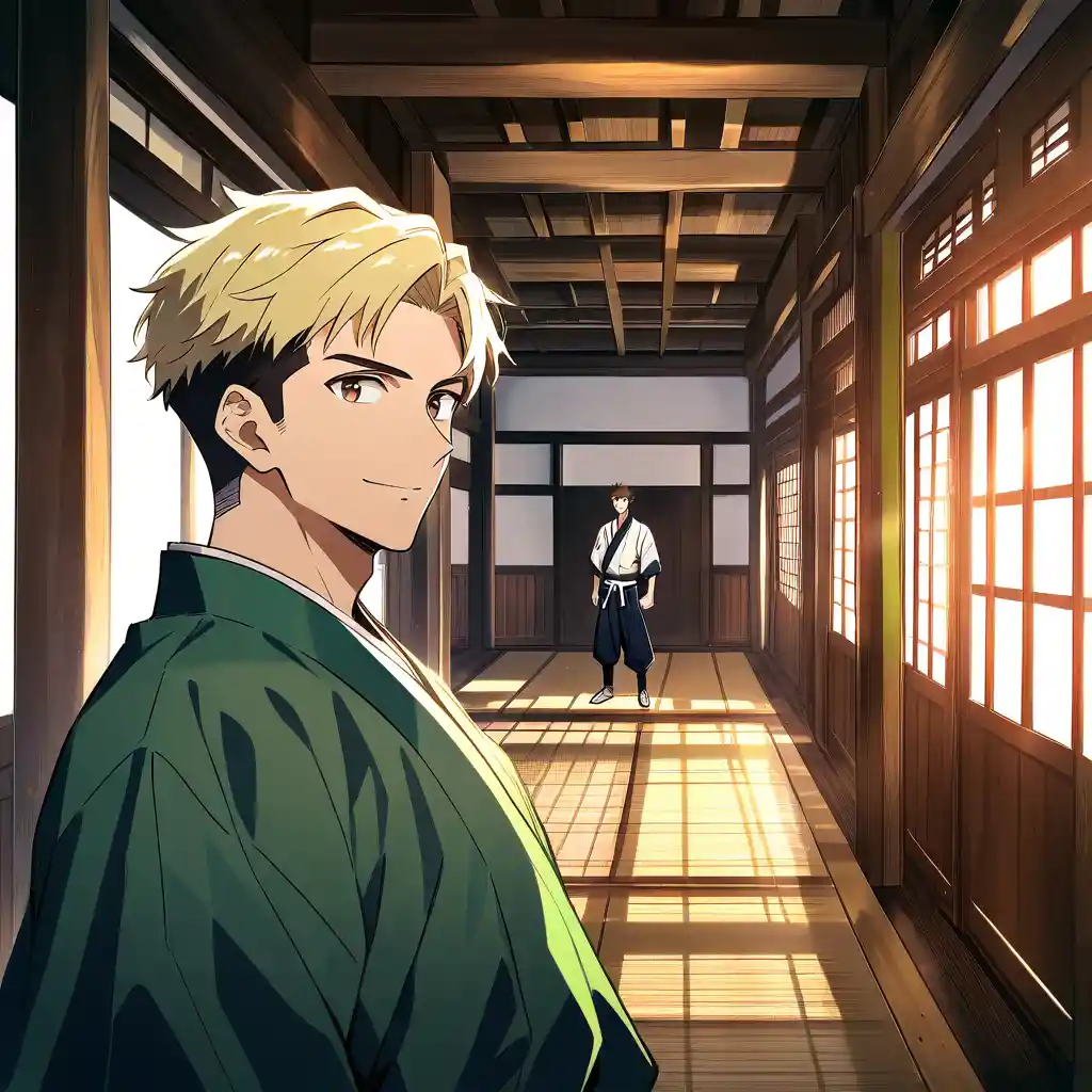 Smiling anime man in green kimono standing in empty dojo