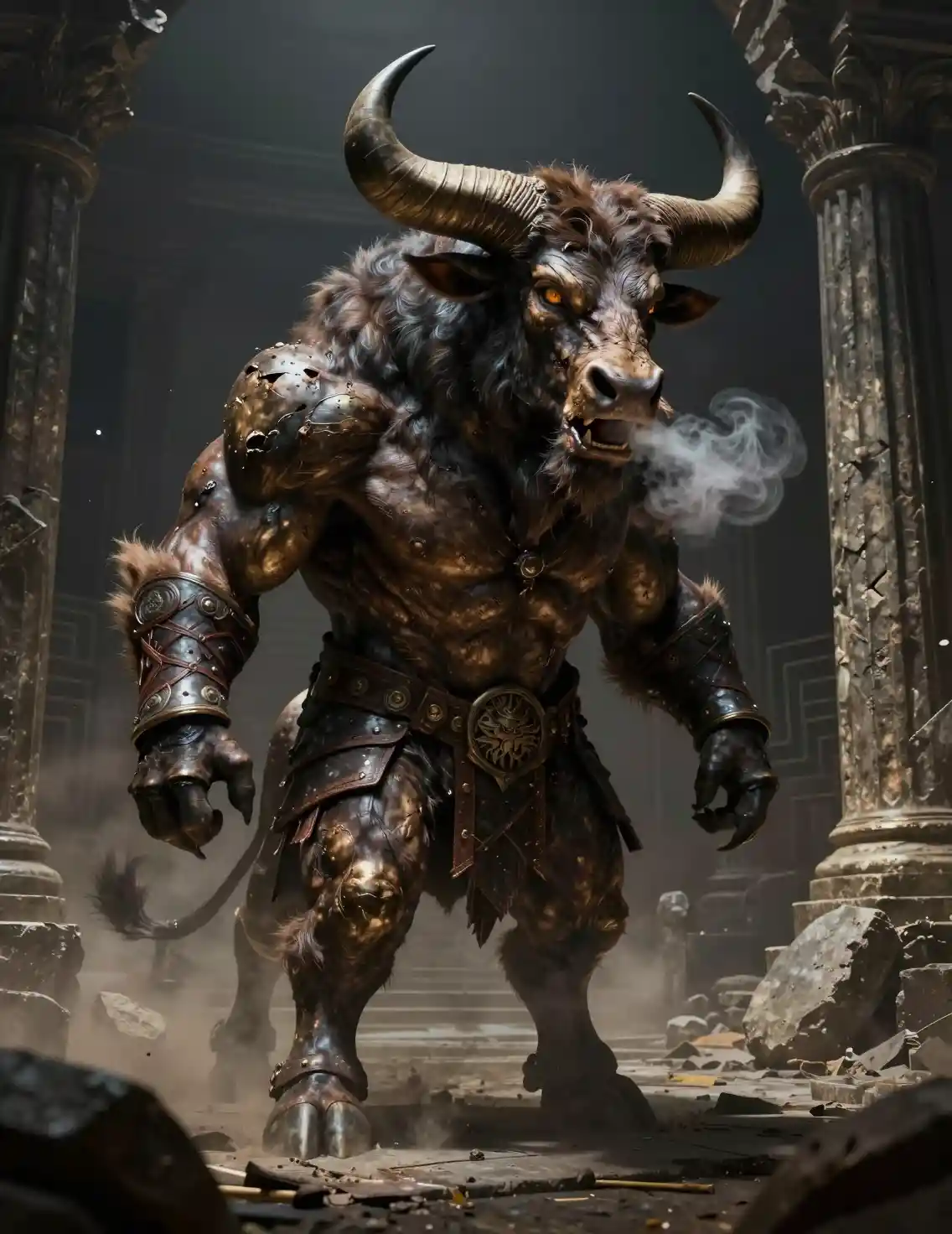 Terrifying Minotaur Standing In Ancient Labyrinth Ruins
