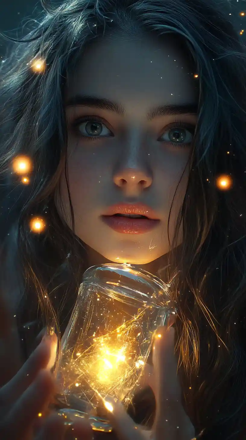 Young girl holding a glowing jar of golden fireflies