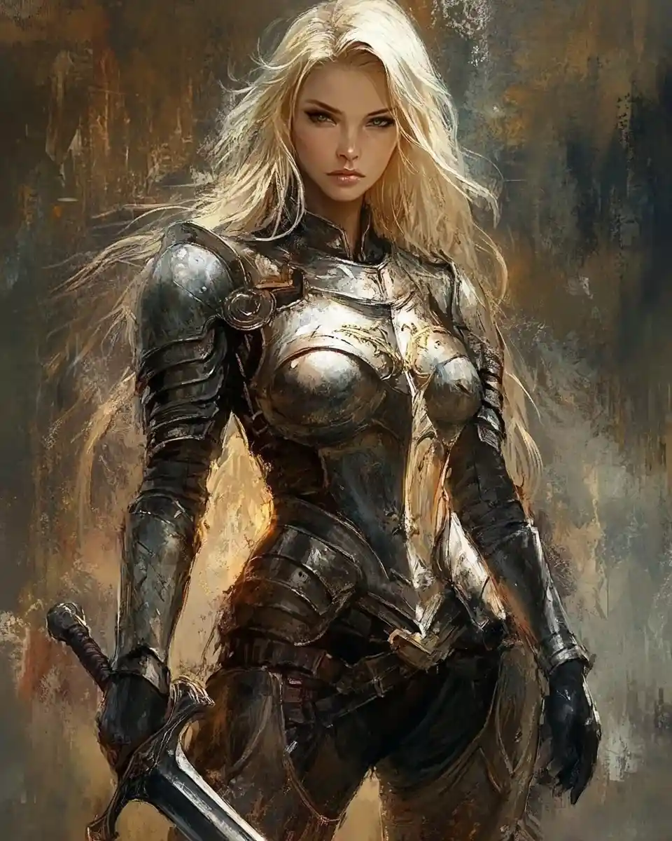 Tall blonde female warrior in glowing fantasy armor