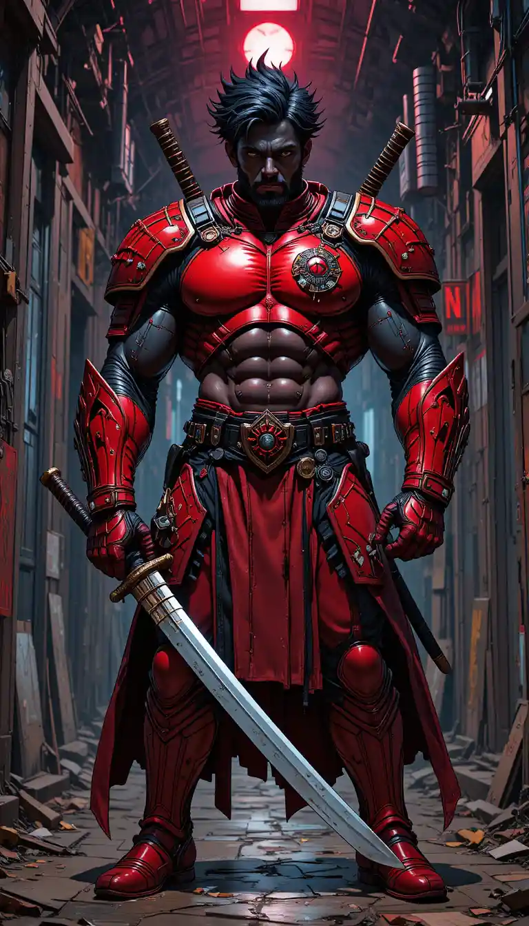 Armored warrior with katana in a dark metallic alley