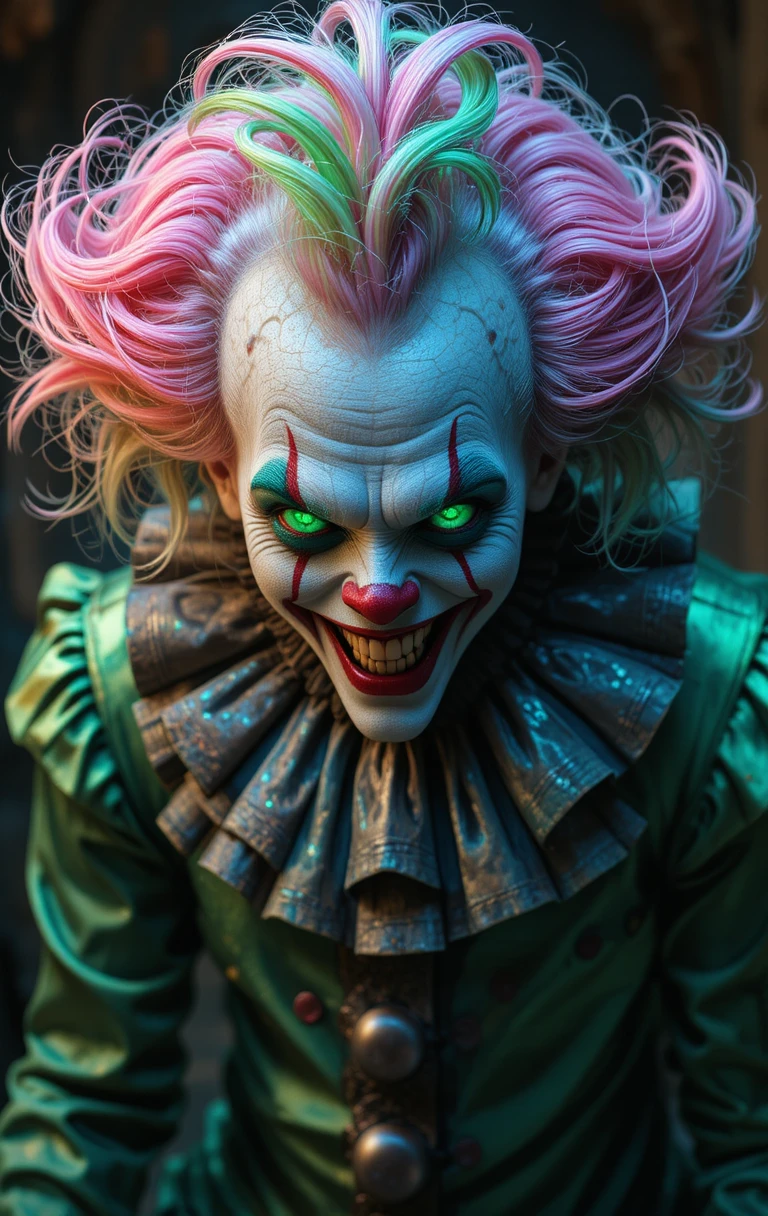 Sinister clown with pink and green hair and emerald eyes