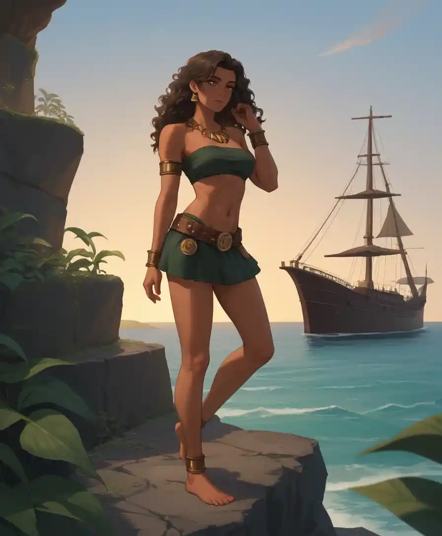 Warrior woman with jaguar on tropical shore at sunset