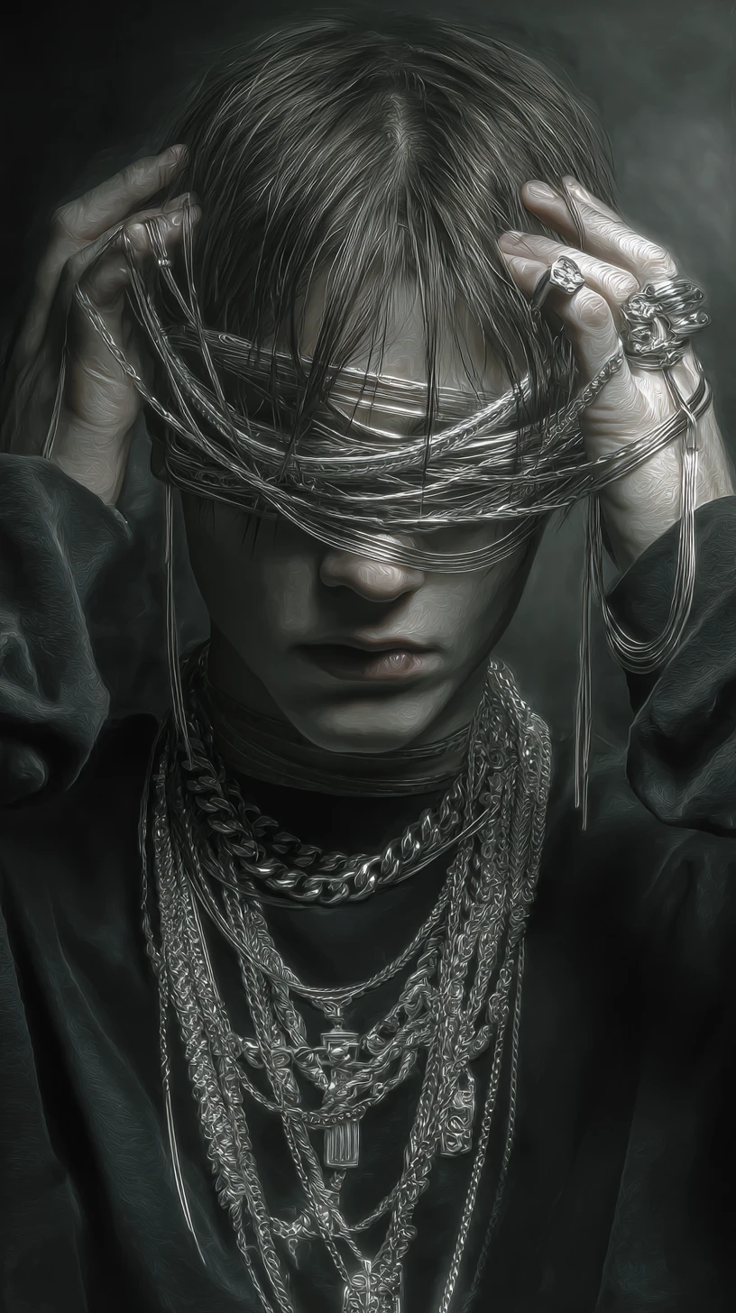 Man displaying multiple gold necklaces and chains