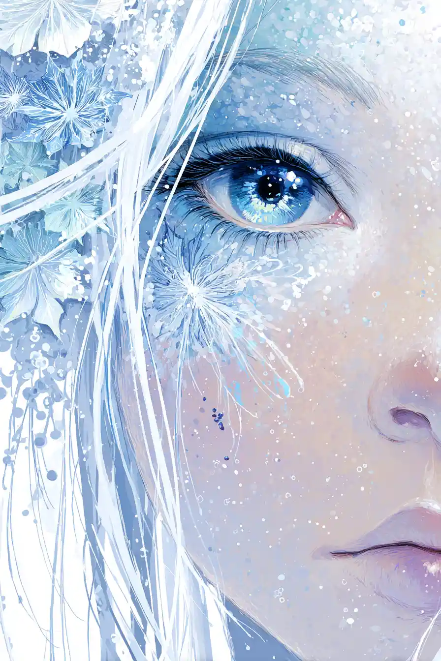 Ethereal Snow Spirit Girl With Luminous Ice Blue Eyes