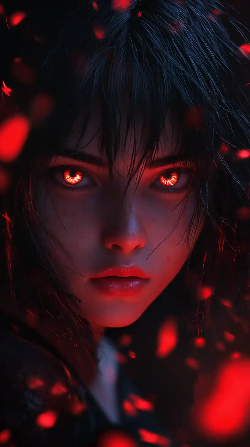 Anime girl with glowing red eyes in floating petals
