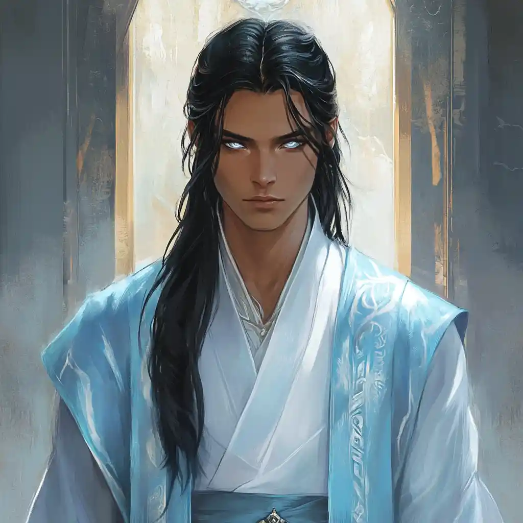 Mystic seer woman with silver eyes in blue robes