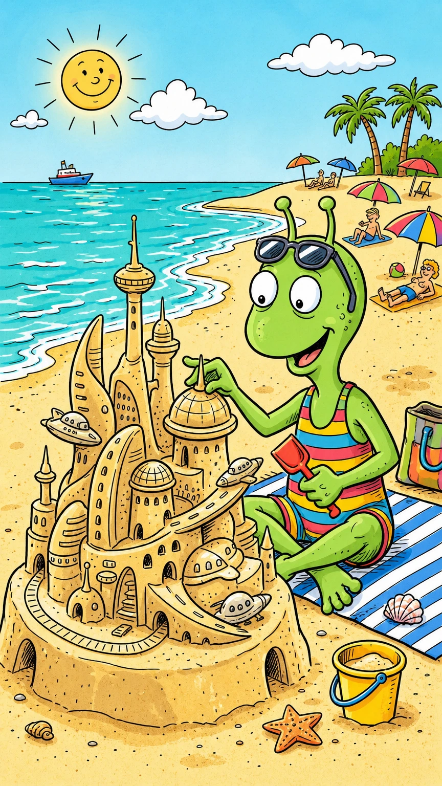 Alien tourist building a futuristic sandcastle on the beach