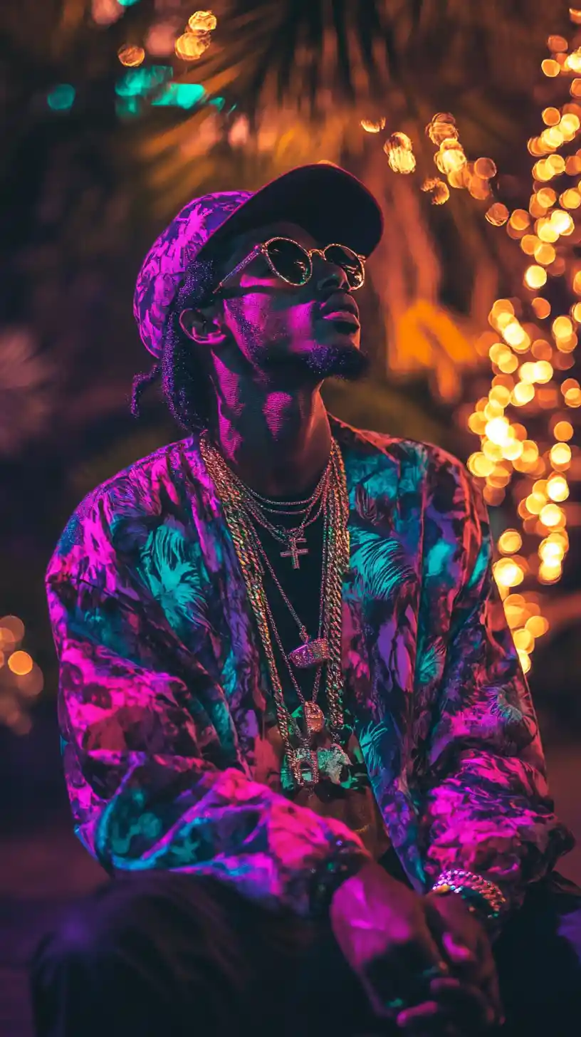 Confident man flaunting multiple gold chains at night