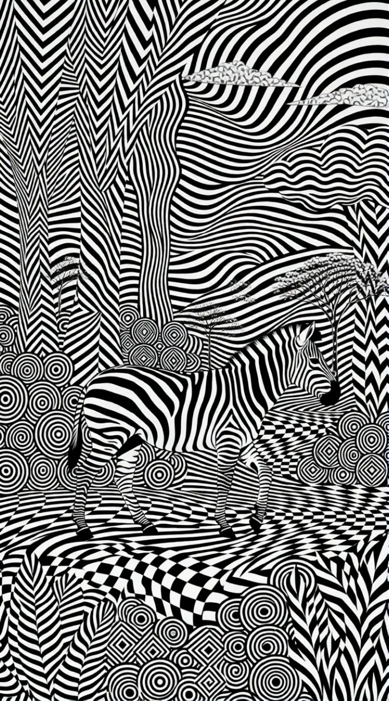 Zebra In A Monochrome Forest Triptych Op Art Scene