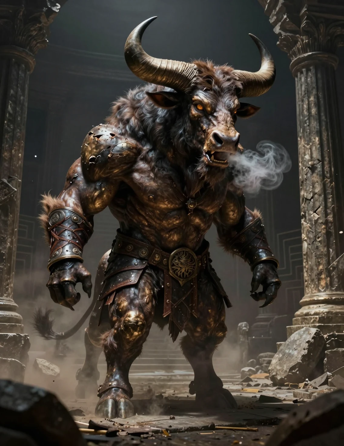 Terrifying Minotaur Standing In Ancient Labyrinth Ruins