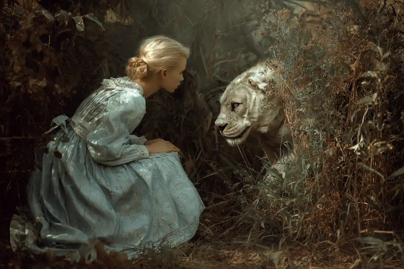 Woman discovers friendly fantasy creature beside forest path