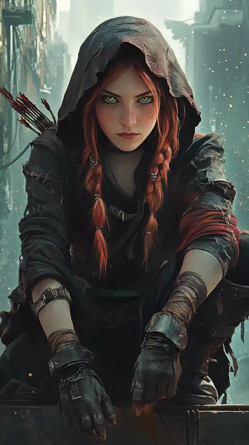 Rogue girl crouching on crumbling ledge in ruined city