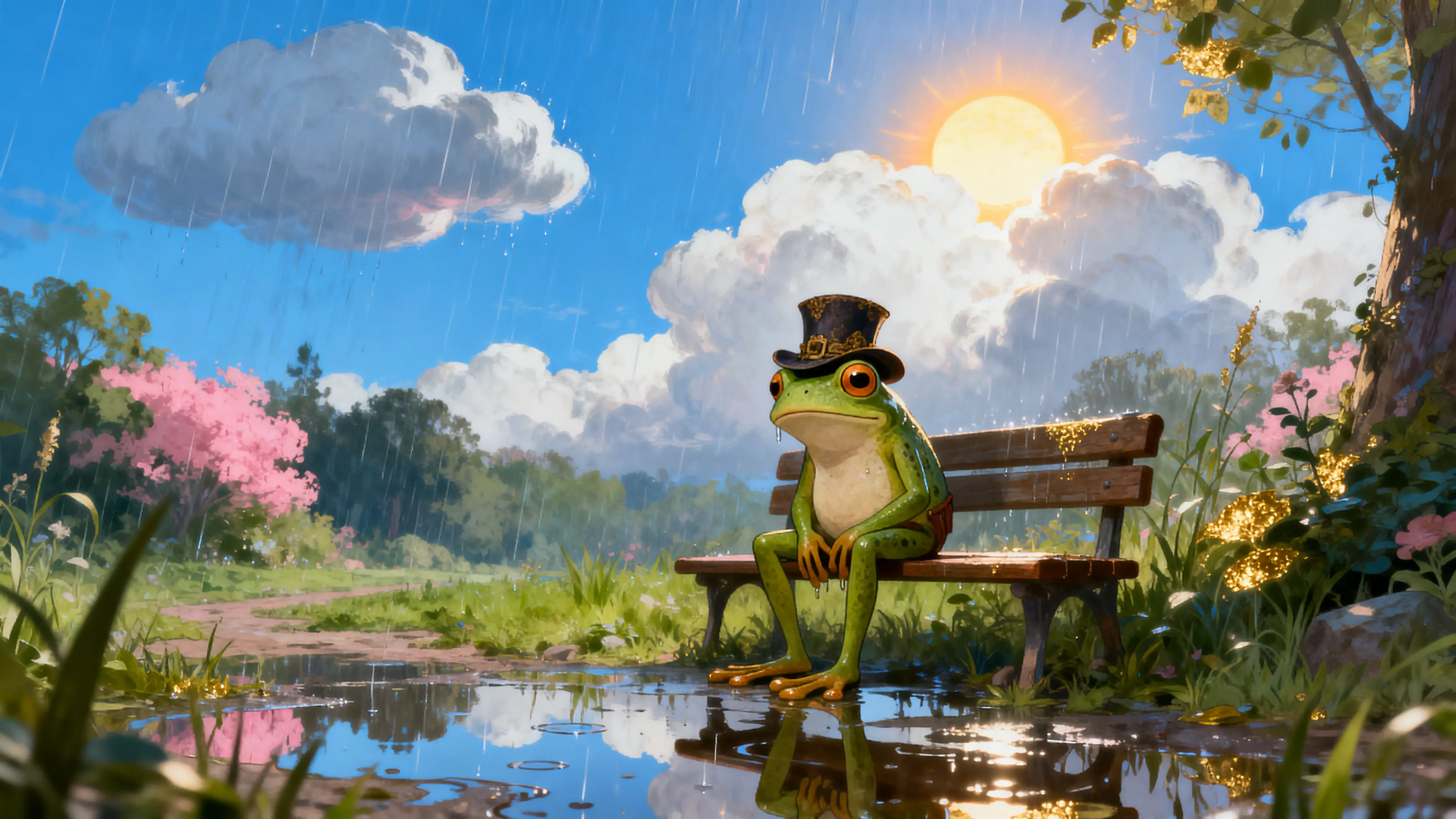 Rana triste con cappello vintage su una panchina del parco sotto la pioggia