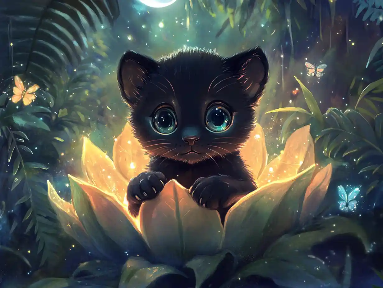 Baby panther cub in glowing enchanted flower at night