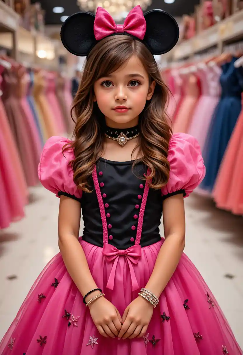 Hispanic boy in pink Minnie dress in Disney shop