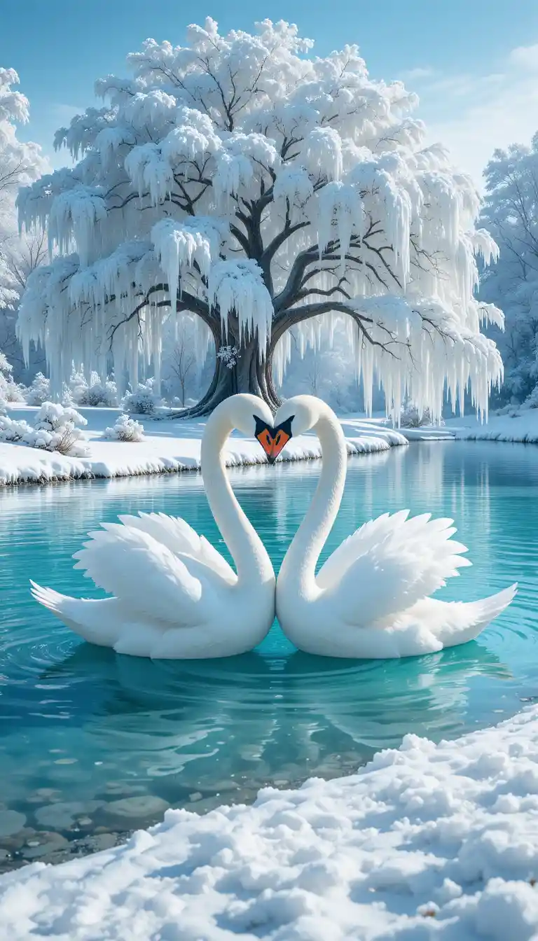 Romantic Swans Forming A Heart On A Snowy Lake