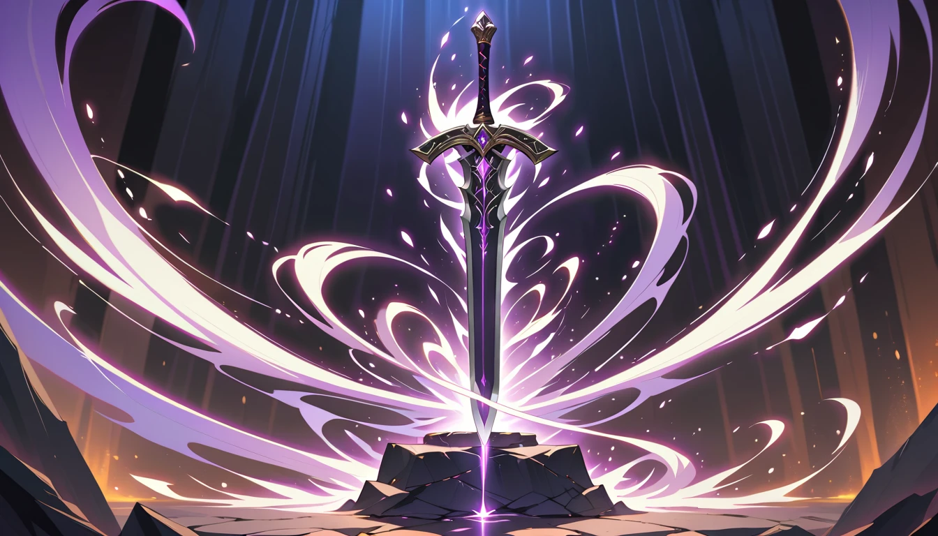 Legendary fantasy sword glowing with violet magical energy