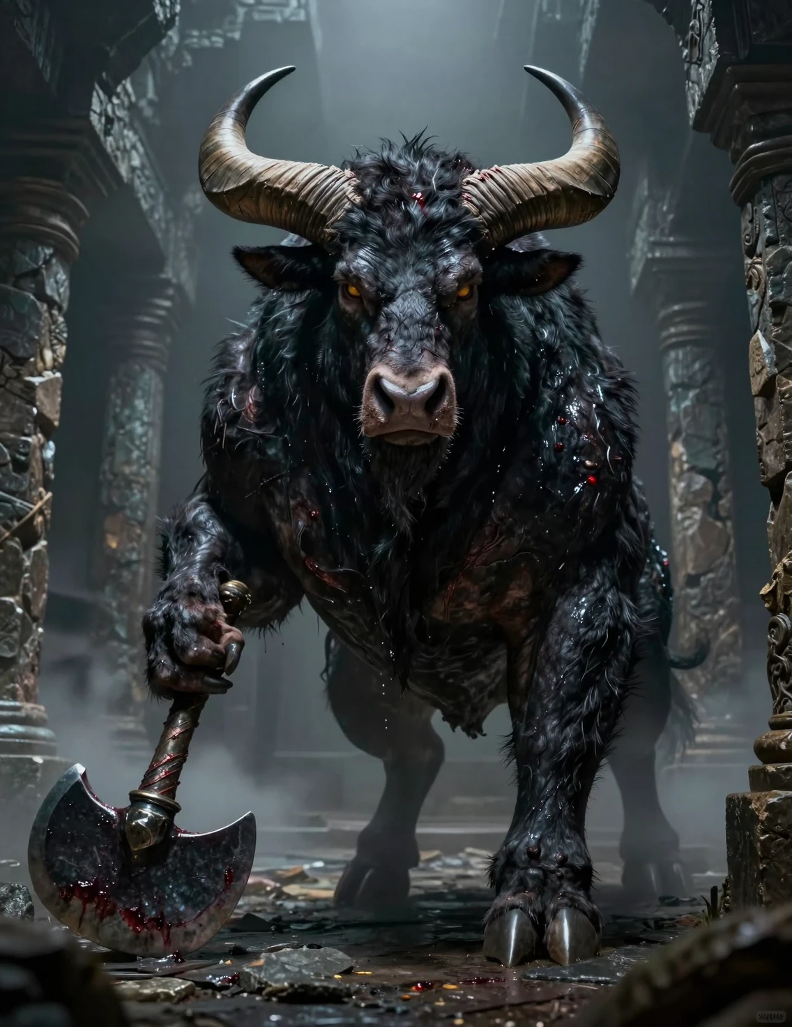 Ancient minotaur emerging from a dark stone labyrinth