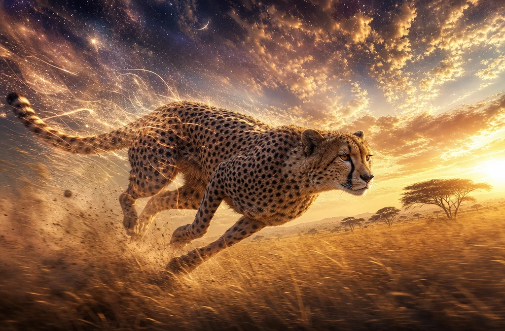 Adult cheetah sprinting across the african savanna illustration
