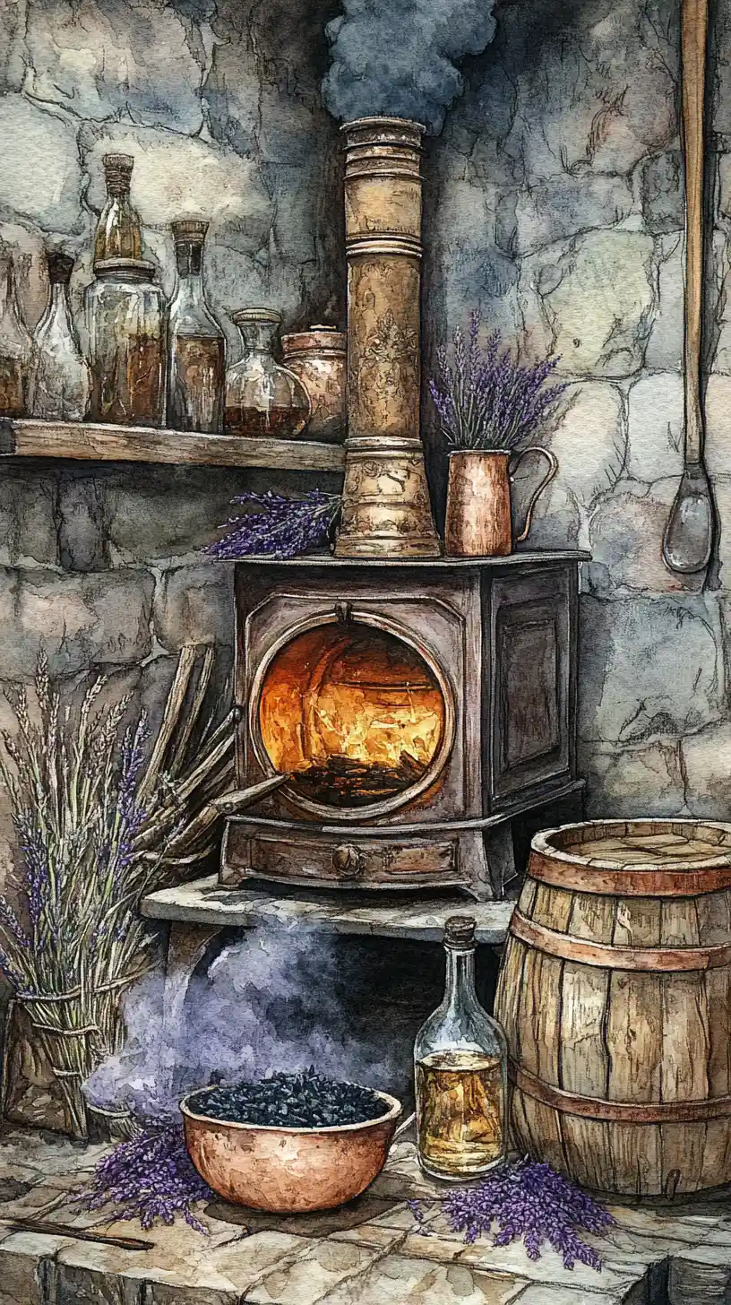 Old herbalist woman bottling liqueur by a witch cauldron