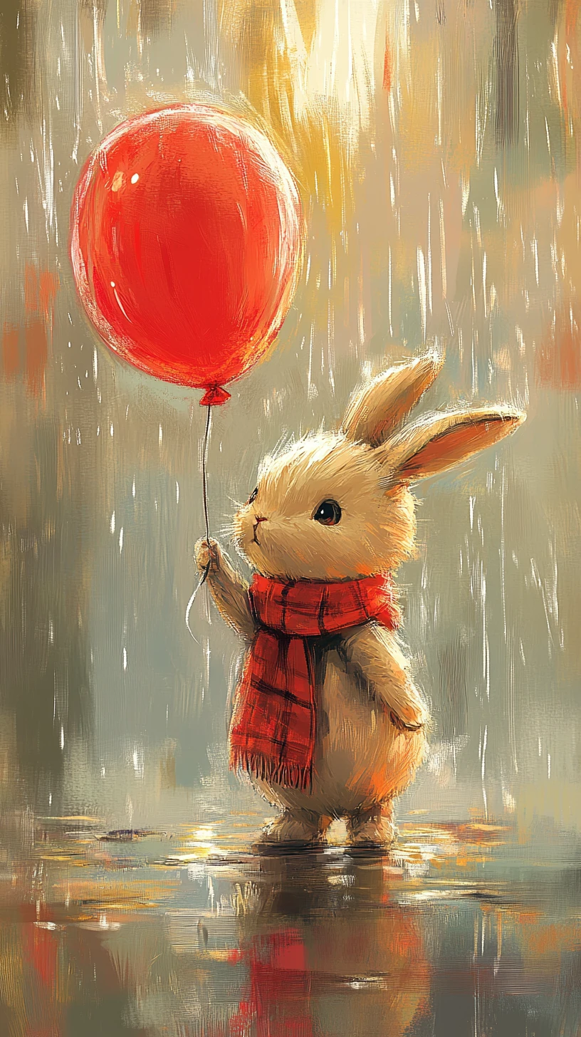 Cute rabbit with red balloon in a rainy puddle
