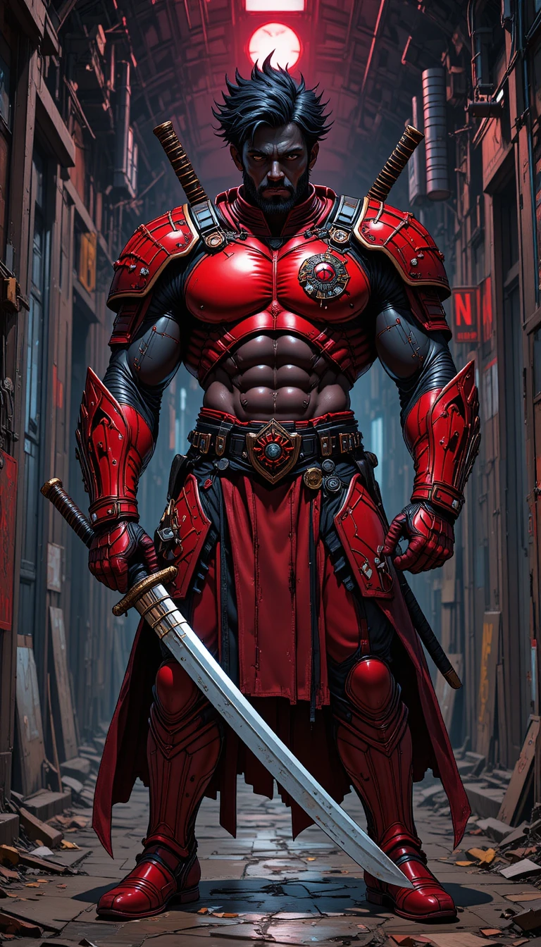 Armored warrior with katana in a dark metallic alley