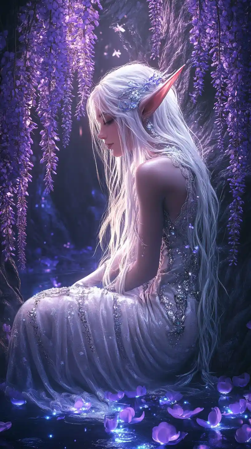 Kneeling white haired elf in glowing cavern of blue roses