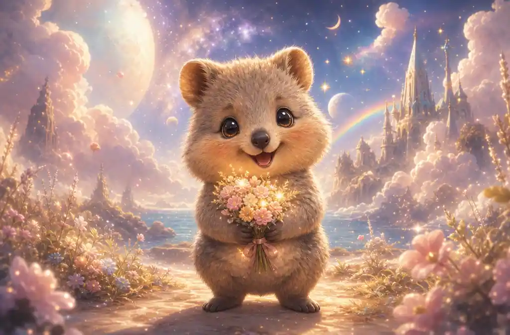 Süßes Chibi-Quokka-Baby mit leuchtenden Pastellblumen