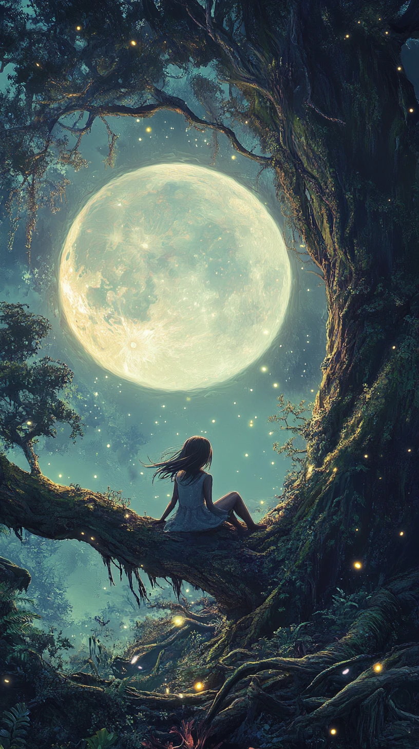 Girl On Ancient Tree Branch Under A Luminous Full Moon