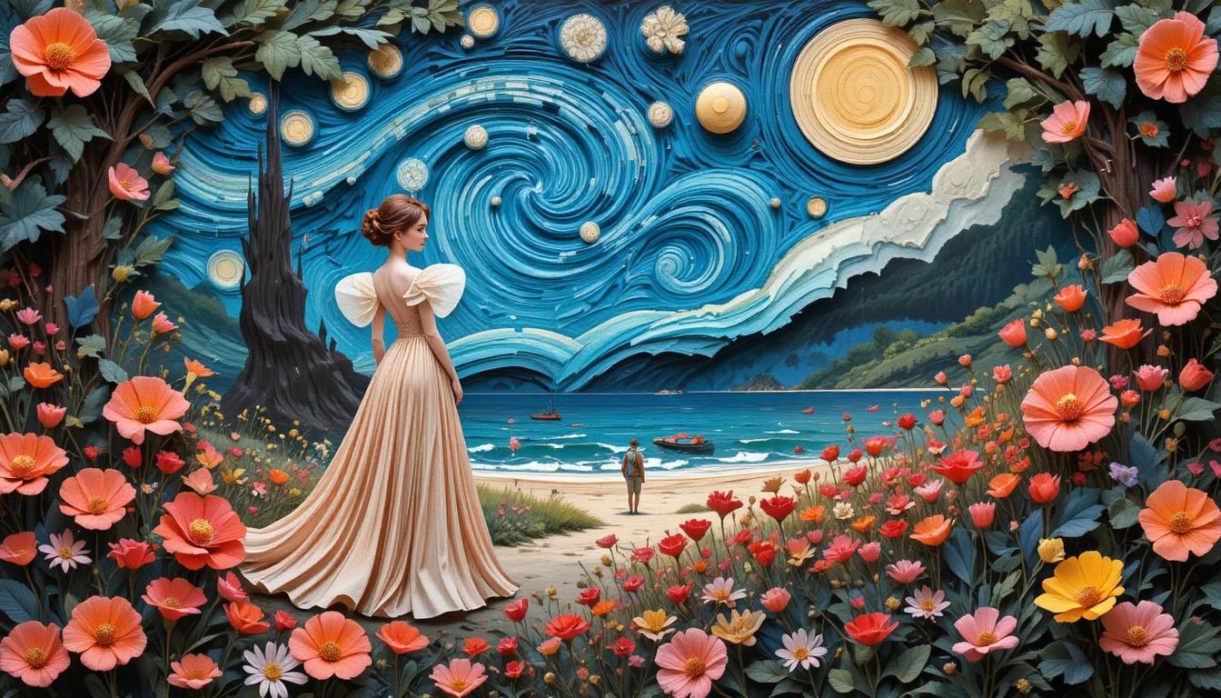 Elegant woman peeking from a sculpted paper fairy garden